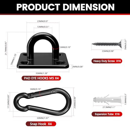 sprookber 304 Stainless Steel Pad Eye Snap Hooks, M5 Heavy Duty Ceiling Hooks, 500 lb Capacity Hammock Swing Hanging kit, Plant Hangers, Marine Hardware Staple Hook Loop with Screws, Set of 8(Black) | Hanging Kit with Screws for Hammock Chair Swing, Yoga