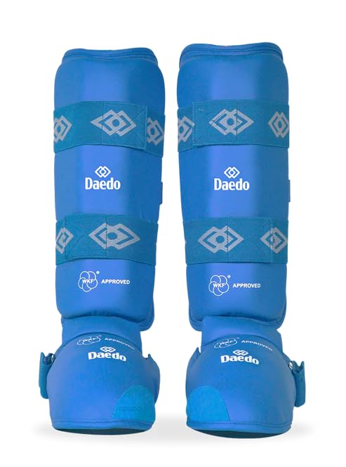 Daedo Shin and Instep Guards WKF Approved – Martial Arts Leg Pads for Karate Taekwondo – Foam Padded Shin Protectors - color: Blue, size: X-Small