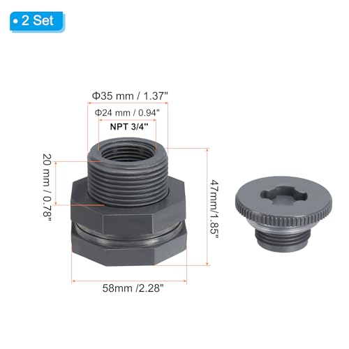 PATIKIL PVC Bulkhead Fitting with Plug NPT 3/4", 2 Pack Bulkhead Water Tank Connector with Silicone Seal Gasket Garden Hose Fitting with Plug for Rain Bucket, Sinks, Aquariums, Gray