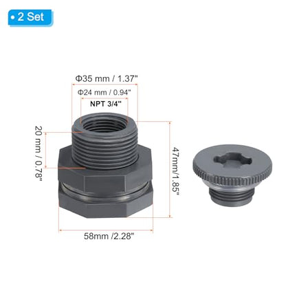 PATIKIL PVC Bulkhead Fitting with Plug NPT 3/4", 2 Pack Bulkhead Water Tank Connector with Silicone Seal Gasket Garden Hose Fitting with Plug for Rain Bucket, Sinks, Aquariums, Gray