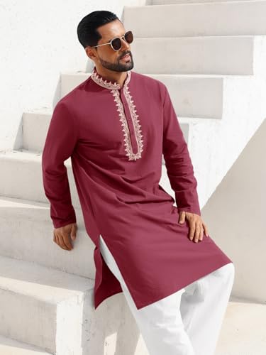 Runcati Mens Kaftan Thobe Cotton Henley Shirt Long Sleeve Embroidery Robe Casual Kurta Muslim Gown Shirt - color: Burgundy, size: Medium