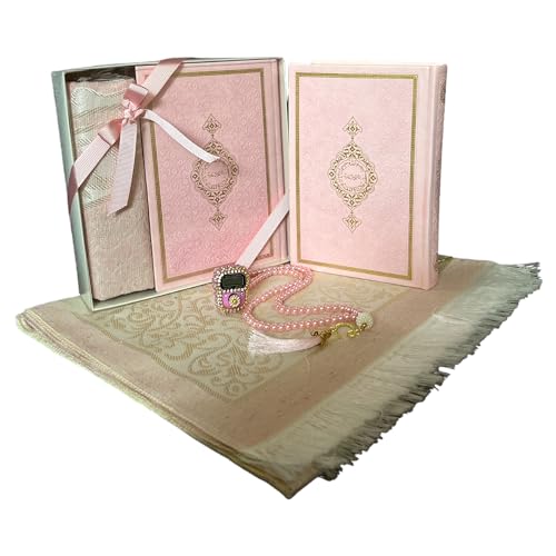 Prayer Gift Set for Islam | Holy Quran,Prayer Mat,Portable Digital Pearl Zikirmatic,Beads | Hajj Present for Wedding,Umrah,Special Day,Great Ramadan Gifts for Muslim Men,Women(Pink, Full Arabic)