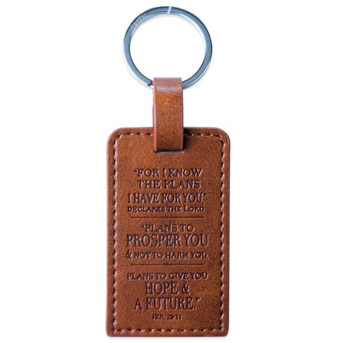 Christian Art Gifts Tawny Brown Faux Leather Silver Metal Keychain for Men with Scripture: I Know The Plans - Jeremiah 29:11 Inspirational Bible Verse Keychain, Heat Debossed, Split Metal Key Ring
