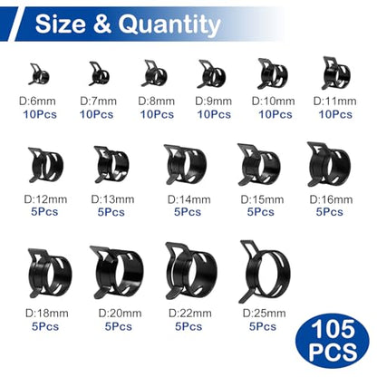 105Pcs 6-25mm Spring Hose Clamp Assortment Kit with Hose Clamp Pliers | 15 Sizes Spring Hose Clip Fuel Line Silicone Vacuum Hose Pipe Clamp, Air Hose Tube Water Pipe Fasteners - size: 6-25mm