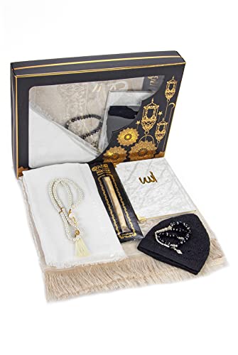 ihvan online Prayer Gift Box for Hajj and Umrah, Muslim Prayer Rug, Islamic Mat, 99 & 33 Pearly Beads Tesbih, Yaseen Book, Miswak, Hijab, Islamic Deluxe Set for Ramadan & Eid Gift, White/Set 1 - color: White / Set 1