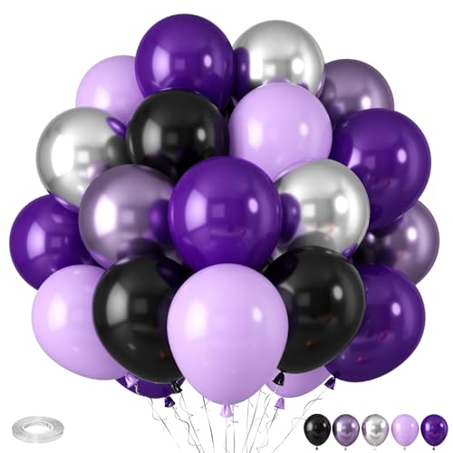 Purple and Black Balloons, Black Purple Balloons Metallic Silver Metallic Purple Balloons, Black Lilac Balloons for Women Girls Birthday Wedding Engagement Graduation Halloween Theme Party Decoration - color: Black Purple Silver