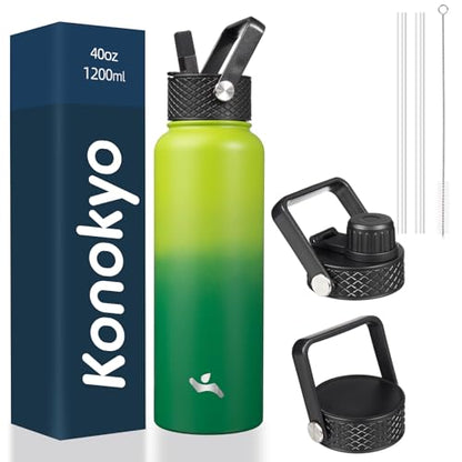 Konokyo 40oz Insulated Water Bottle Stainless Steel Sport Bottles with 3 Lids,Bamboo Grove - color: Bamboo Grove, size: 40 Ounces