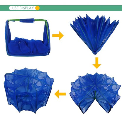 Foldable Bait Trap Fishing Net - Hand Cast Cage for Catching Fish Shrimp Crab Crawfish - color: Blue Thicken Mesh Material, size: 20 Entrances