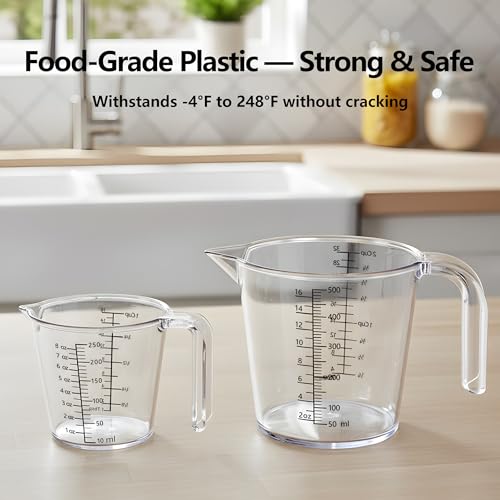 Laser-Etched Measuring Cup Set, 8 oz & 16 oz Clear Plastic Liquid Measuring Cups, Permanent oz/cup/Tbsp/mL Markings, Food-Grade for Baking & Cooking - size: Pack Set (8 + 16 oz)
