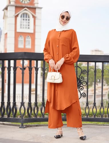 ODIZLI Women's Muslim 2 Pieces Sets Long Sleeve Button Down Shirt and Pants Abaya Casual Dress Dubai Outfits - color: Orange, size: 4X-Large