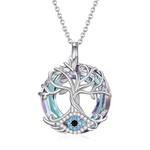 WINNICACA Sterling Silver Evil Eye Necklace Protection Crystal Pendant for Women Good Luck Vintage Evil Eye Pendant Jewelry Birthday Gifts for Women Friend Female - style: C02-Tree of Life Evil Eye -Purple crystal