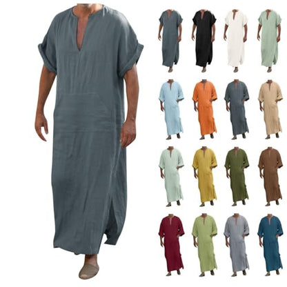 Mens Kaftan Thobe Short Sleeve V-Neck Linen Robe Big and Tall Muslim Robe Loose Lightweight Casual Long Sleeping Gown - color: A# Dark Grey, size: X-Large