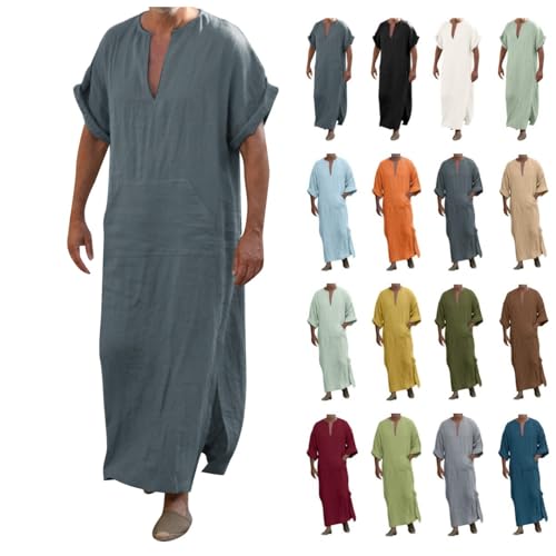 Mens Kaftan Thobe Short Sleeve V-Neck Linen Robe Big and Tall Muslim Robe Loose Lightweight Casual Long Sleeping Gown - color: A# Dark Grey, size: X-Large