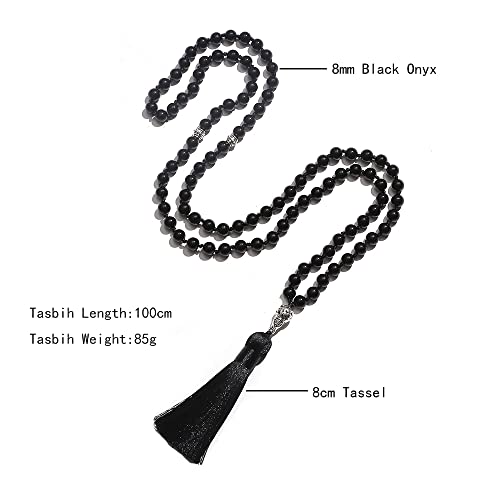 Tasbih Prayer Beads Allah & Muhammad Islamic Prayer Rosary Muslim Islam Misbaha Tasbeeh Sibha 99 Prayer Beads Necklace 33 Prayer Beads Bracelet - color: 8mm Black Onyx 99 Beads