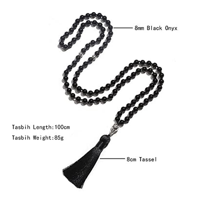 Tasbih Prayer Beads Allah & Muhammad Islamic Prayer Rosary Muslim Islam Misbaha Tasbeeh Sibha 99 Prayer Beads Necklace 33 Prayer Beads Bracelet - color: 8mm Black Onyx 99 Beads