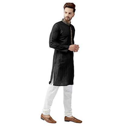 Sojanya (Since 1958 Men'S Teal Silk Blend Kurta Churidar Pyjama Set - color: Black and Off White, size: XX-Large