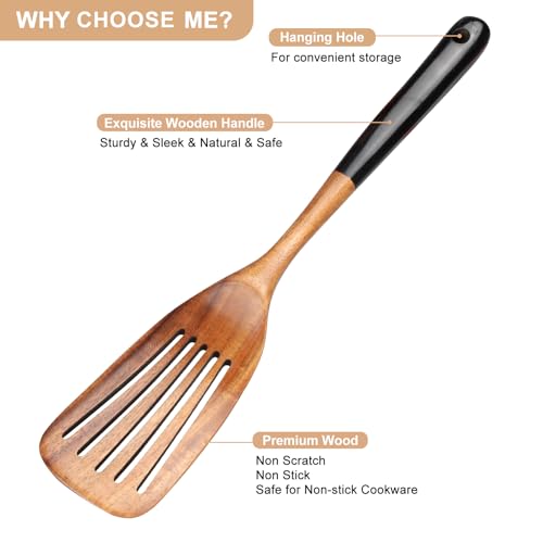 2 Pcs Wooden Spatula Set for Cooking Non Toxic Teak Kitchen Utensils Slotted Pancake Turner Flat Wood Wok Spatulas Bamboo Spoon for Cooking Utensil Set Spurtle Scraper Black Fish Egg Flipper Spatula - color: 2Pcs-Black