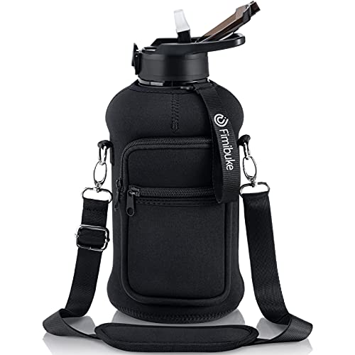Fimibuke Half Gallon Water Bottle with Sleeve 64 OZ Water Bottle with Handle & Straw Leakproof Motivational Sports Gym Water Bottle with Time Marker BPA Free Water Jug with Reusable Neoprene Holder - color: A3.Black