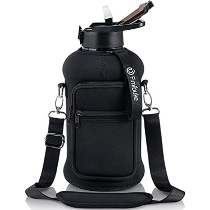 Fimibuke Half Gallon Water Bottle with Sleeve 64 OZ Water Bottle with Handle & Straw Leakproof Motivational Sports Gym Water Bottle with Time Marker BPA Free Water Jug with Reusable Neoprene Holder - color: A3.Black