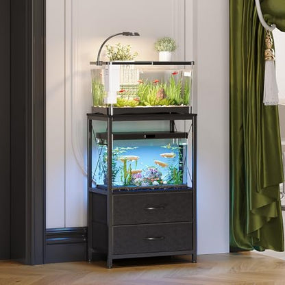 Aquarium Stand 10 Gallon with 2-Tier Shelf, Fish Tanks Stand with 2 Drawers, Metal Frame Heavy Duty Reptile/Turtle Tank Stand for Home Office, Fish Tanks Accessories Storage, Black - color: Black