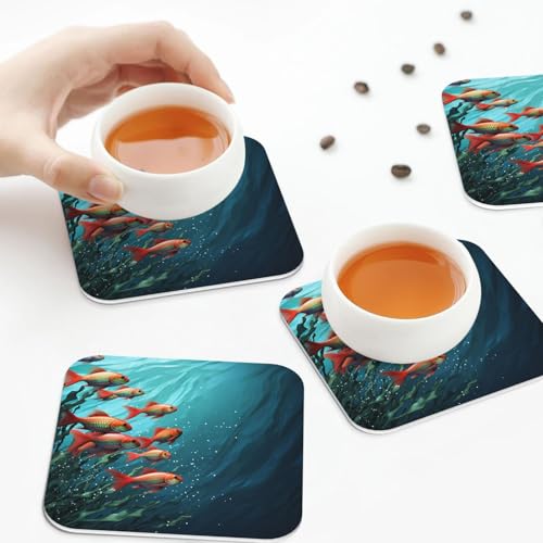 Drink Coasters Set of 4 Leather Coasters for Drinks Fish Aquarium Round Cup Mat Pad Easy Clean Bar Coasters Heat Resistant Funny Cup Coasters for Tabletop Protection,4 Inches - color: Square