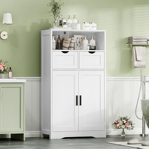 Iwell Bathroom Cabinet with Doors and Drawers, Freestanding Bathroom Storage Cabinet, Adjustable Shelves, for Living Room, Kitchen, Home Office, White - color: White