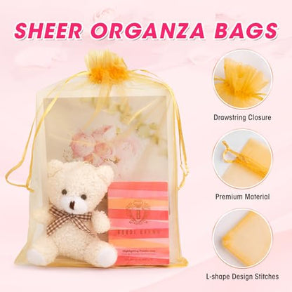 ANZNKU 100 Pcs Large Organza Bags 8x12, Gold Small Mesh Gift Bag Drawstring - color: Gold