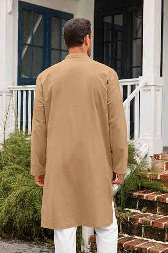 Runcati Mens Kaftan Thobe Button Down Casual Henley Shirts Long Sleeve Robe Cotton Linen Muslim Gown Shirt - color: Khaki, size: Medium