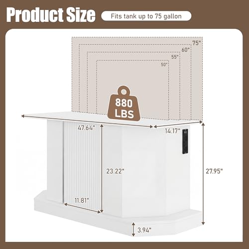 55-75 Gallon Fish Tank Stand with 4AC 2USB Outlet, Heavy Duty Aquarium Cabinet, 880LBS Capacity for Turtle Tank Reptile Terrarium, White - color: White, size: 47.64"L x 14.17"W x 28.7"H