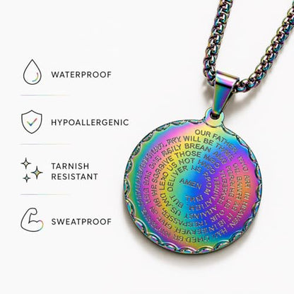 Steeltime Stainless Steel Lords Prayer Necklace with Simulated Diamonds - color: Rainbow IP, style: Round Pendant