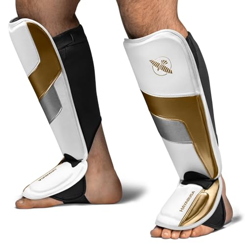 Hayabusa T3 Full-Back Shin Guards - color: White/Gold, size: Large