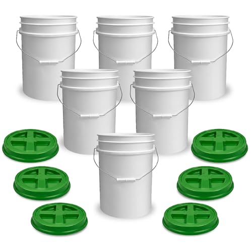 5 Gallon Bucket - Food Grade w/Lid BPA-Free, White/Green, 6 | Airtight Gamma Seal Screw-On Lid, Heavy-Duty 90 Mil HDPE Plastic, Food Safe and Durable Container, Bulk Storage, Made in USA - color: White/Green, size: 6 Packs