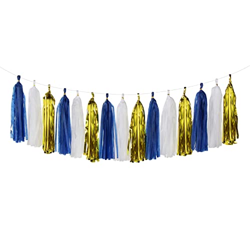 Navy-Blue White-Gold Tassel Garland Streamers- 15pcs Tissue Paper Tassels Banner Party Decorations Men Boy Birthday Graduation Bachelorette Engagement Backdrop Hanging Decor Panduola - color: Navy Blue White Gold