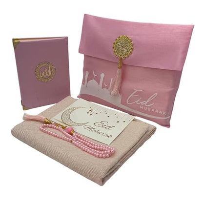Modefa Luxury Islamic Thin Travel Prayer Mat in Satin Gift Bag - Deluxe 4 Piece Travel Set with Dua Book & Prayer Beads Tesbih - Thin Chenille Turkish Praying Carpet - Eid Gift Set (Pink) - color: Pink