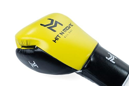 HIT N MOVE All Day Pro Balance Sparring and Bag Boxing Gloves LACE UP, Boxing Gloves Men & Women, Boxing Equipment, Sparring & Bag Gloves for Boxing, Kickboxing, Muay Thai, MMA - color: Yellow/Black, size: 16 OZ