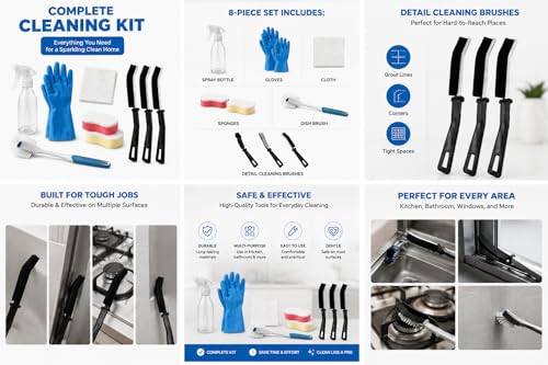 First Clean Kit for Teens. “All-in-One Starter Cleaning Set”8-Piece Home Cleaning Kit with Sponges, Rubber Gloves, Scrub Brushes, Spray Bottle & Cloth, Multi-Purpose Kitchen and Bathroom Supplies