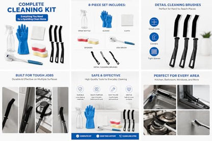First Clean Kit for Teens. “All-in-One Starter Cleaning Set”8-Piece Home Cleaning Kit with Sponges, Rubber Gloves, Scrub Brushes, Spray Bottle & Cloth, Multi-Purpose Kitchen and Bathroom Supplies