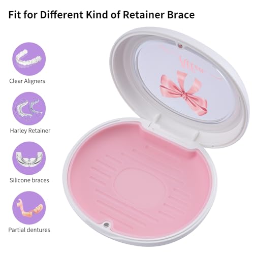 Pink Bow Custom Retainer Case with Silicone Pad, Portable Aligner Case Personlized Name Orthodontic Retainer Box, Denture Storage Container Travel Mouth Guard - color: Custom Pink Bow