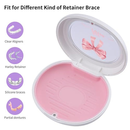 Pink Bow Custom Retainer Case with Silicone Pad, Portable Aligner Case Personlized Name Orthodontic Retainer Box, Denture Storage Container Travel Mouth Guard - color: Custom Pink Bow