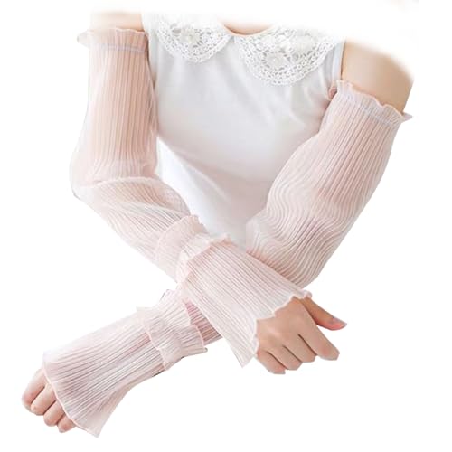 Light Thin Lace Mesh Ruched Ruffle Hem Arm Sleeve,Sun Protection Long Sleeve Arms Accessories for Outdoor Sports - color: Pink