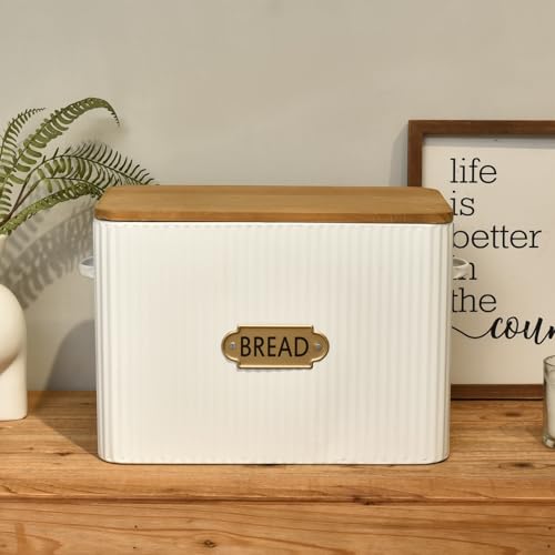 EMAX HOME Vertical Stripes Extra Large Space Saving Farmhouse Bread Box with Wood Lid - Holds 2 Loaves - White Vertical Breadbox Bread Storage Bin Holder for Kitchen Countertop - color: Vertical Grain Embossing