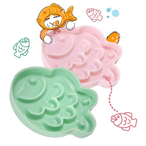 Ceramic Cat Slow Feeder Bowl, Fish Shape 6.3" W Wide Shallow Cat Plate, Whisker Friendly Slow Feed Bowl for Wet Meals, Dry Kibble, Canned Meals & Treats, Dishwasher Safe, Green & Pink - color: Green + Pink
