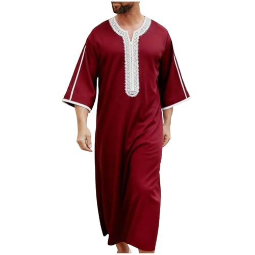 Lmdudan Men Islamic Kaftan Robe - Men's Long Sleeve Dubai Clothes - Men Muslim Robe Eid Muslim Thobe Abaya Robes with Pocket - color: Red, size: Small