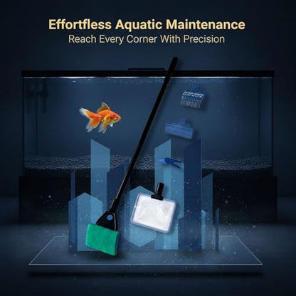 5-in-1 Aquariums Cleaning Kit, Extendable Tool for Fish Tank Maintenance, Includes Algae Scraper, Gravel Rake, Fish Net, Plant Clamp, Aquarium Brush, 16.9 x 4.1 x 1.2 in
