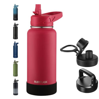 RUBYFLASK 32 oz Insulated Stainless Steel Water Bottle with Straw | 3 Lids, Wide Mouth, Metal Vacuum Leakproof Water Jug Flask and Handle, Large Thermal Cup with Silicone Boot, Red - color: Red, size: 32 Ounces
