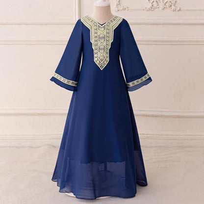 Toddler Girls Muslim Abaya Dress Islamic Dubai Modest Lace Belted Dress Abayas Kaftan Eid Prayer Clothes Arabian Maxi Robe - color: Navy-b, size: 6-7 Years
