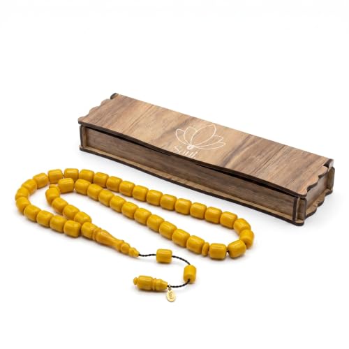 Saul Handmade 33 Beads Tasbih, Amber Phenolic Resin Islamic Prayer Beads with System Tassel, Pointed Capsule Cut Misbaha in Wooden Gift Box - color: Opaque Butterscotch Yellow