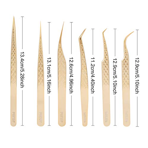 FEITA Eyelash Extension Tweezer Set Gold Lash Applicator Tool - Precision Lashes Diamond Grip Tweezers for 2D-6D Volume & Individual Eyelashes Extensions Supplies (6Pcs) - color: Gold Diamond-grip 6pcs