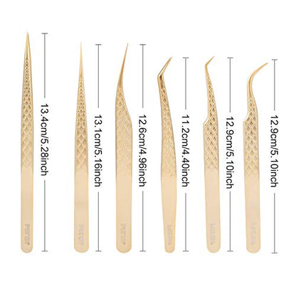 FEITA Eyelash Extension Tweezer Set Gold Lash Applicator Tool - Precision Lashes Diamond Grip Tweezers for 2D-6D Volume & Individual Eyelashes Extensions Supplies (6Pcs) - color: Gold Diamond-grip 6pcs