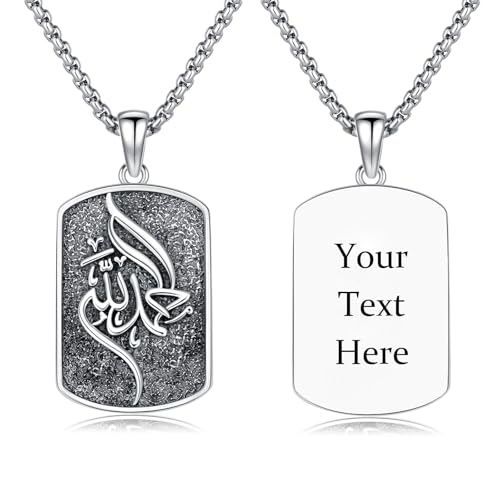Allah Necklace 925 Sterling Silver Islamic Muslim Necklace Arabic Calligraphy Allah Dog Tag Pendant Islamic Jewelry gifts for Men Women - style: Allah-Alhamdulillah-Custom